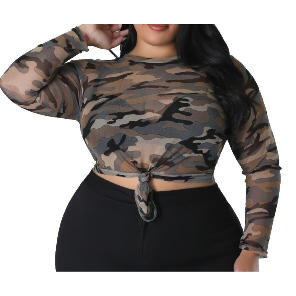 Womens Sheer Camouflage Shirt Size‎ 1XL XL 1X Sexy Camo Crop Top NEW